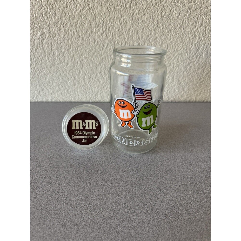 Vintage M&M’s 1984 Olympic Commemorative Glass Jar with Lid 8”